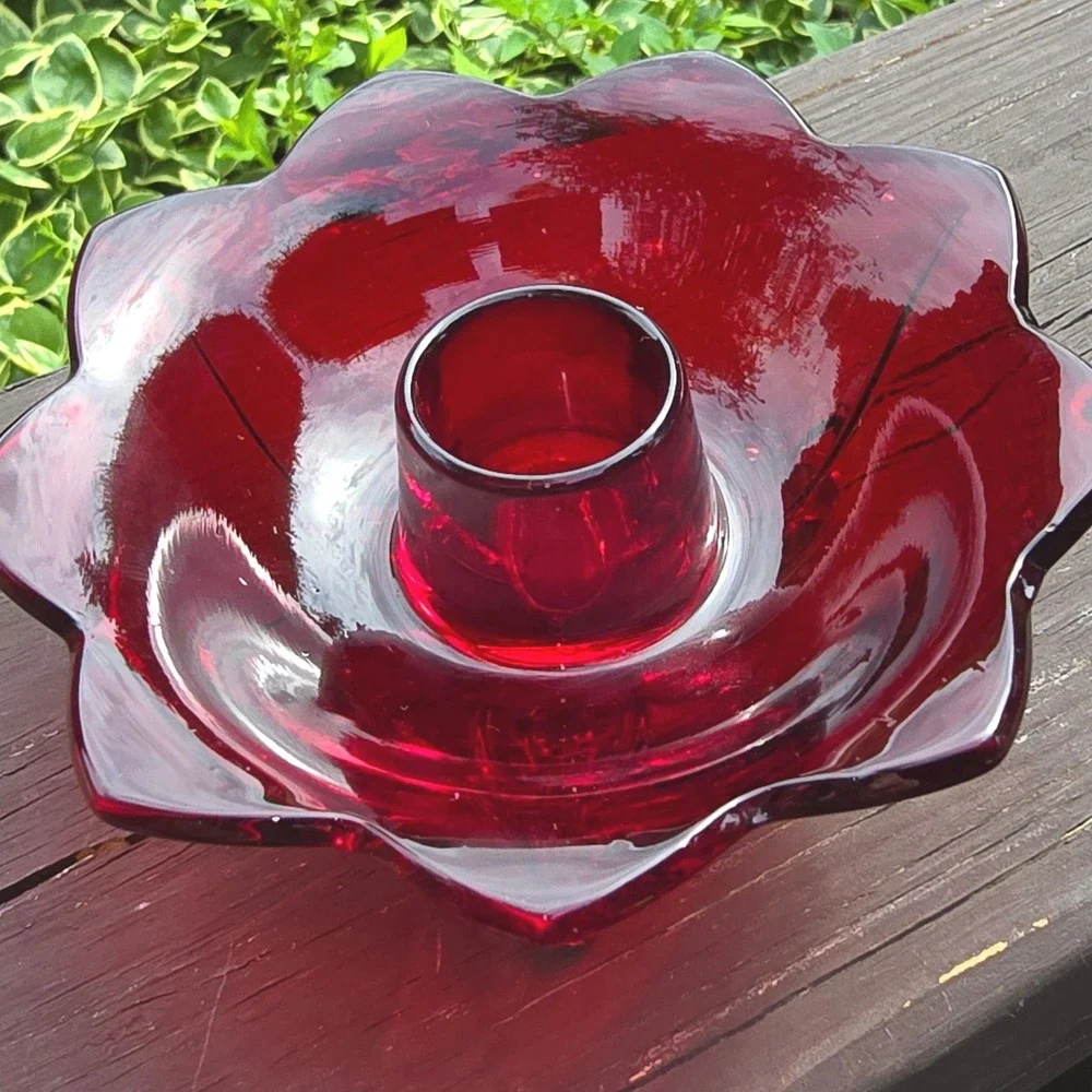 Vintage Ruby Red Glass 3 Footed Candle Holder Dish Scalloped Petal Rim